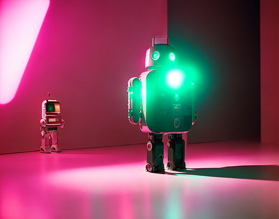 Retro-style robots with glowing green eye on pink background