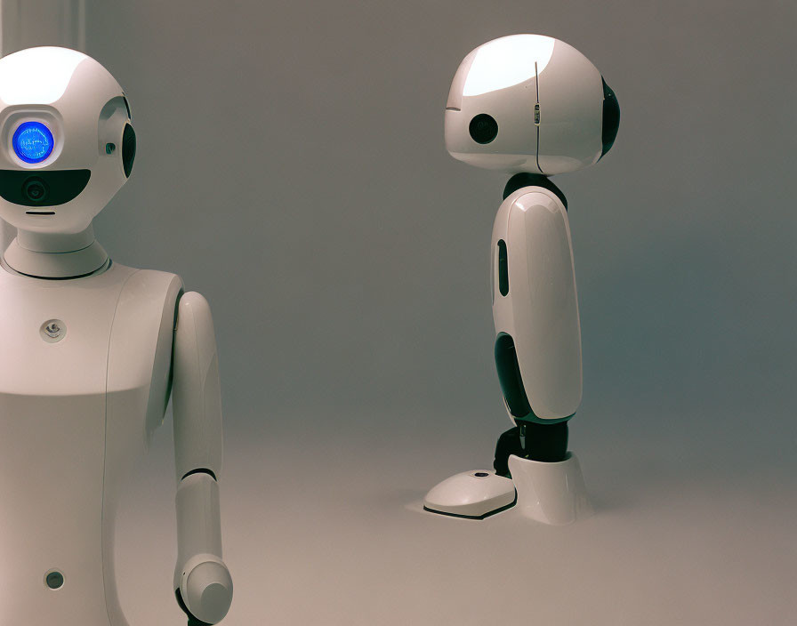 Two humanoid robots with blue light, sleek modern design in neutral setting