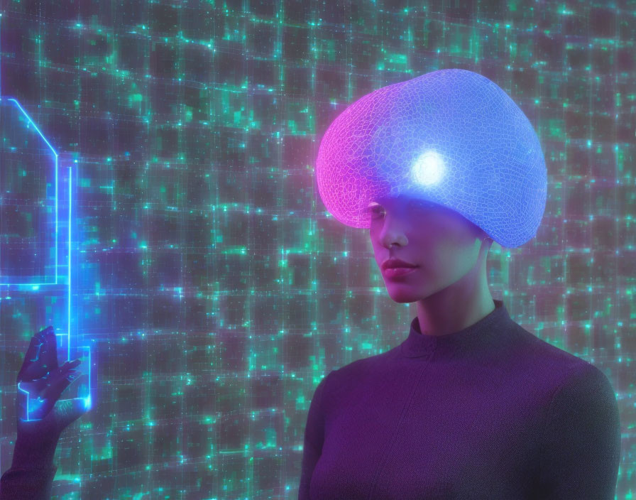 Futuristic female figure in glowing purple mesh headgear with binary code backdrop