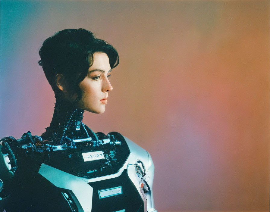 Dark-Haired Woman with Robotic Torso on Colorful Background