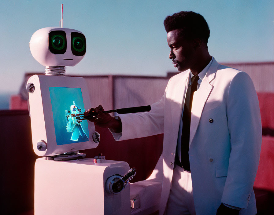 Man in White Suit Painting on Canvas Held by Humanoid Robot against Clear Sky