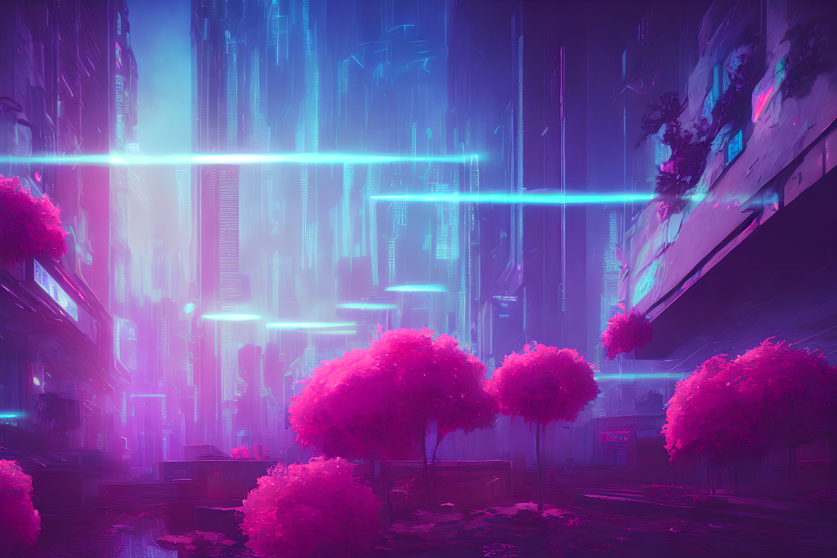 Neon blue cyberpunk cityscape with towering skyscrapers