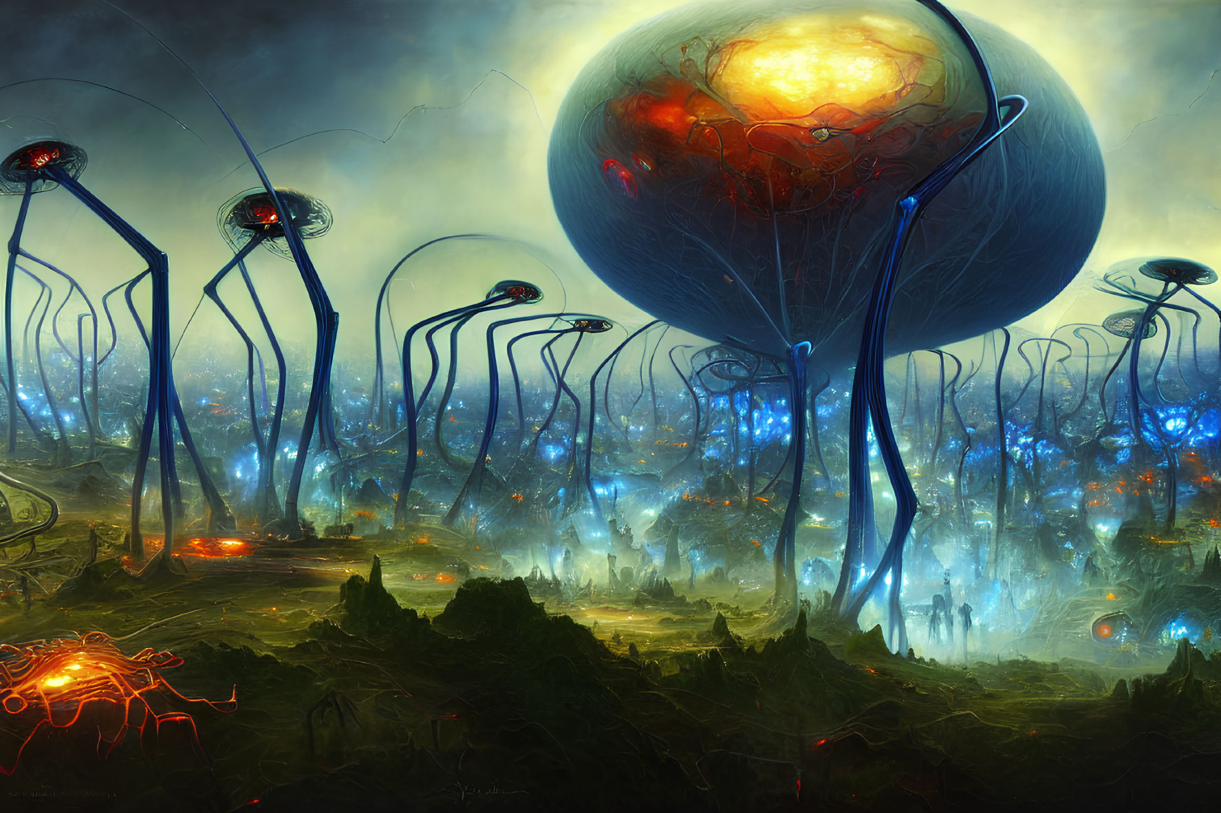 Alien structures, glowing vegetation, orbs in sci-fi landscape