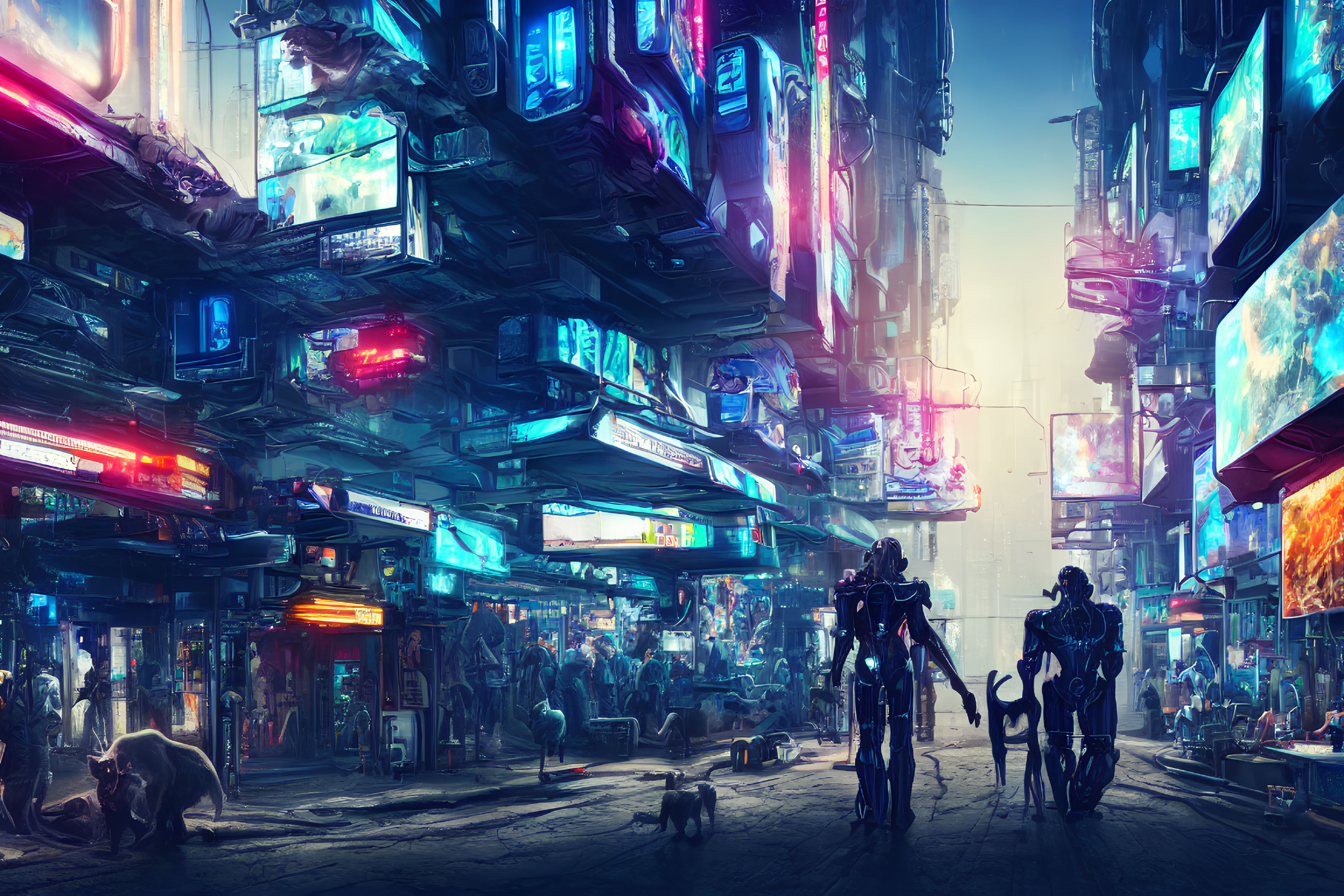 Futuristic cyberpunk cityscape with neon signs and robotic creatures