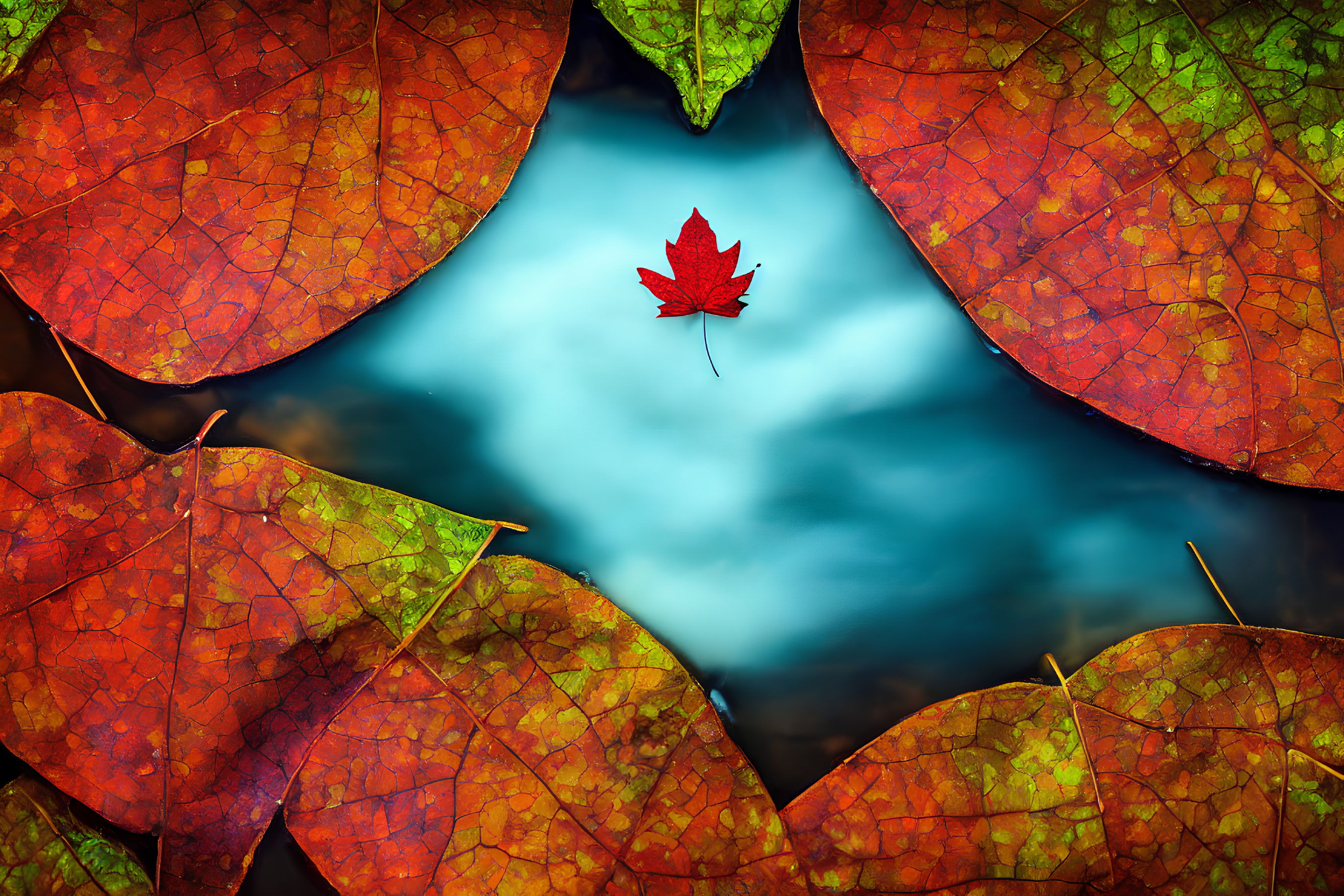 Detailed close-up of vibrant red maple leaf against blurred blue background and border of intricate orange autumn leaves.