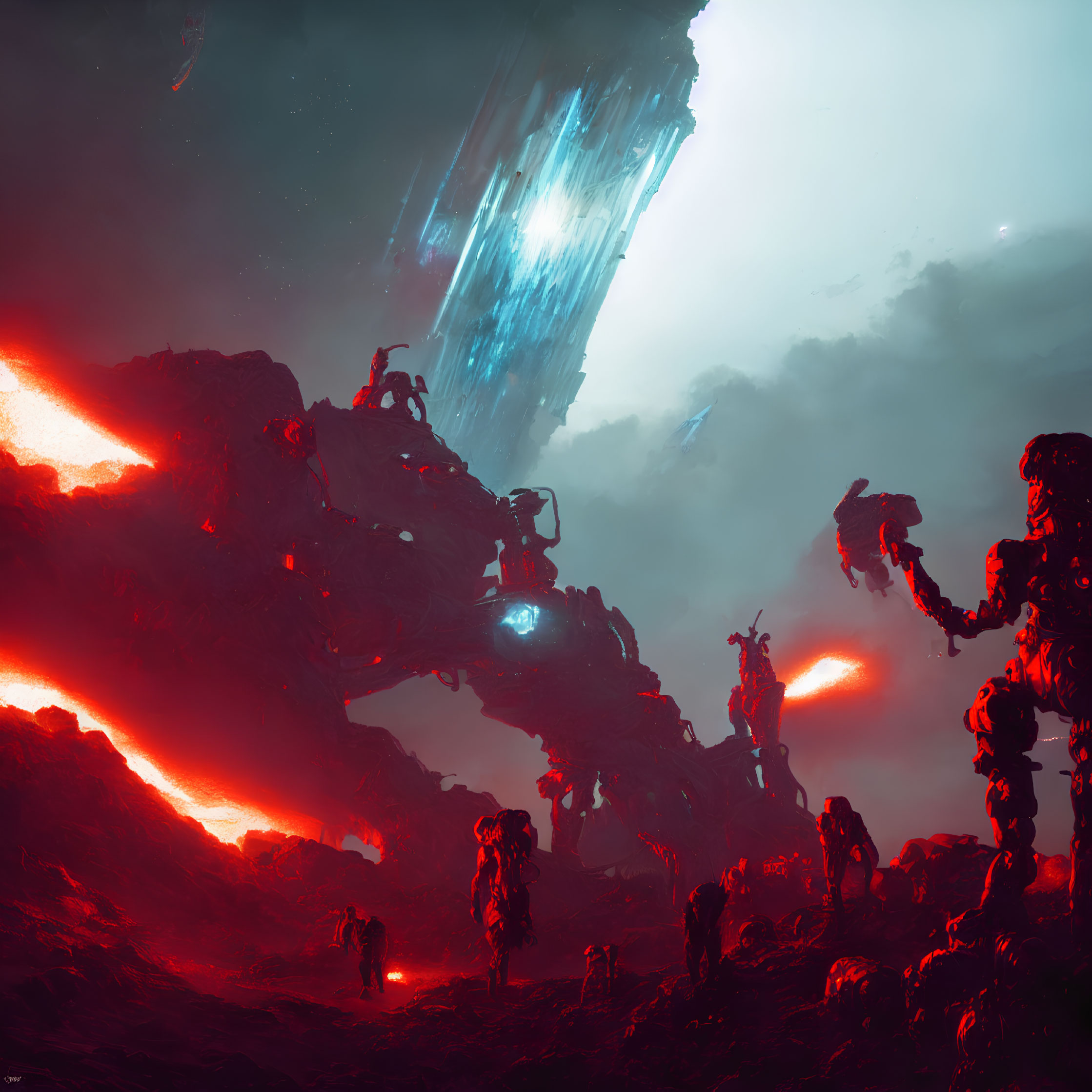 Sci-Fi Landscape with Lava Flows, Robots, and Celestial Sky