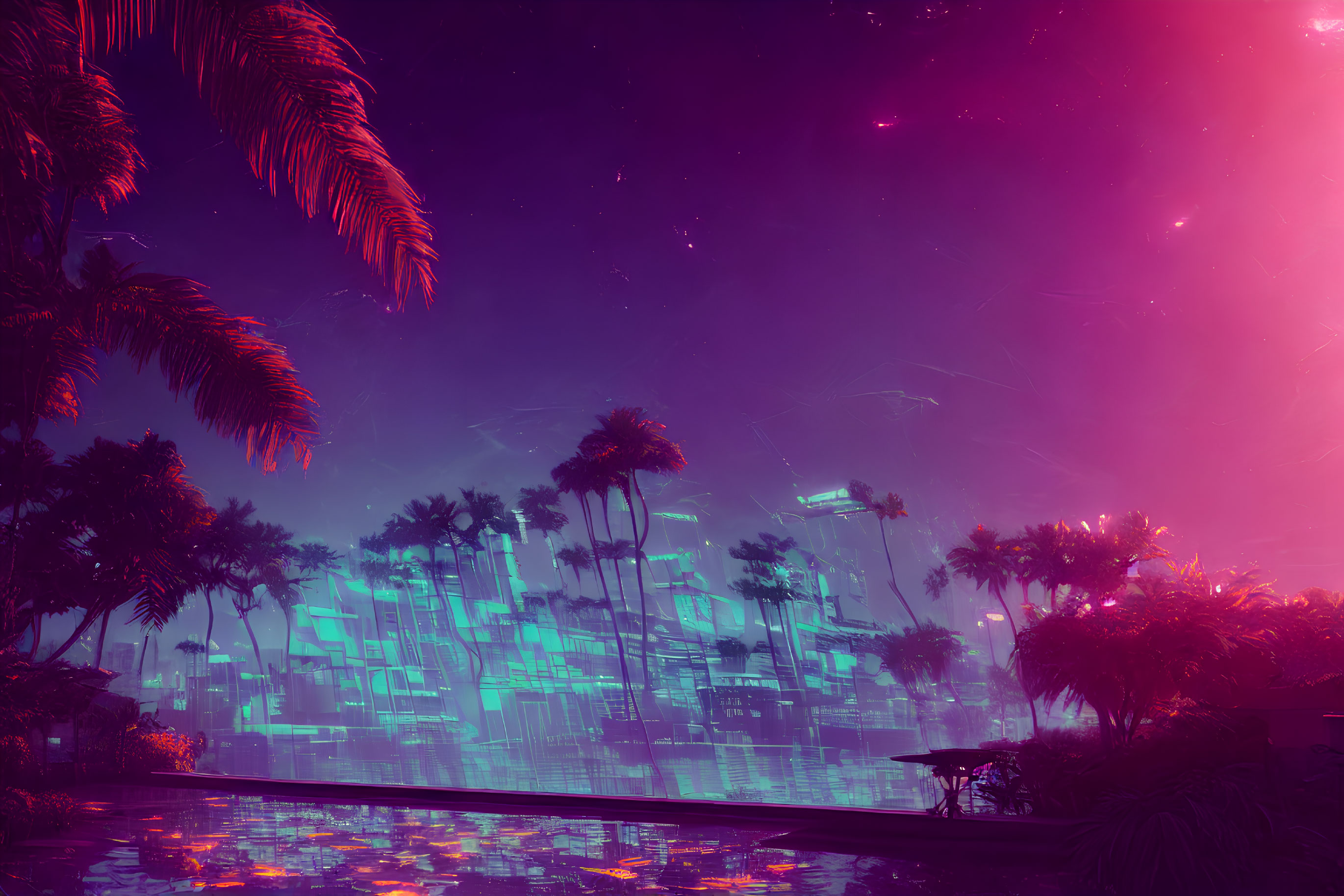 Neon-lit tropical scene with palm trees and futuristic sky