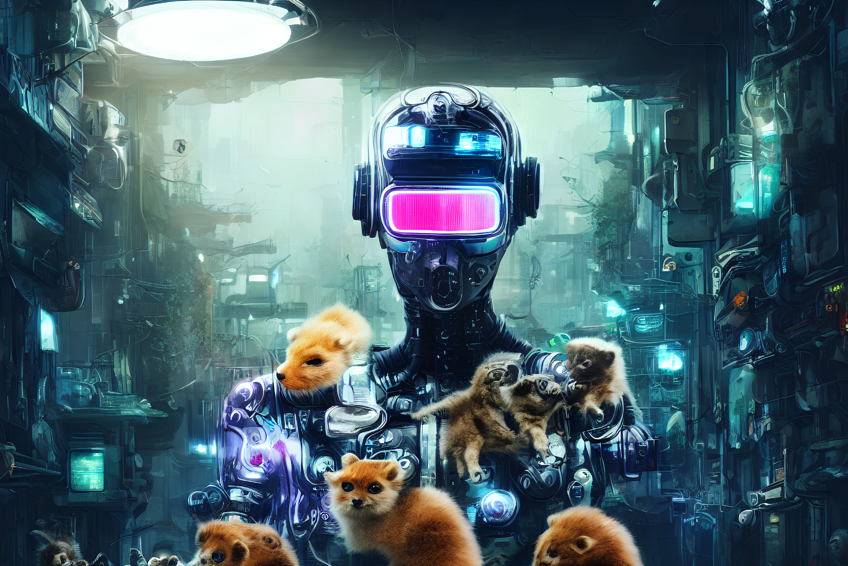 Futuristic robot with purple visor and fluffy creatures in neon-lit setting