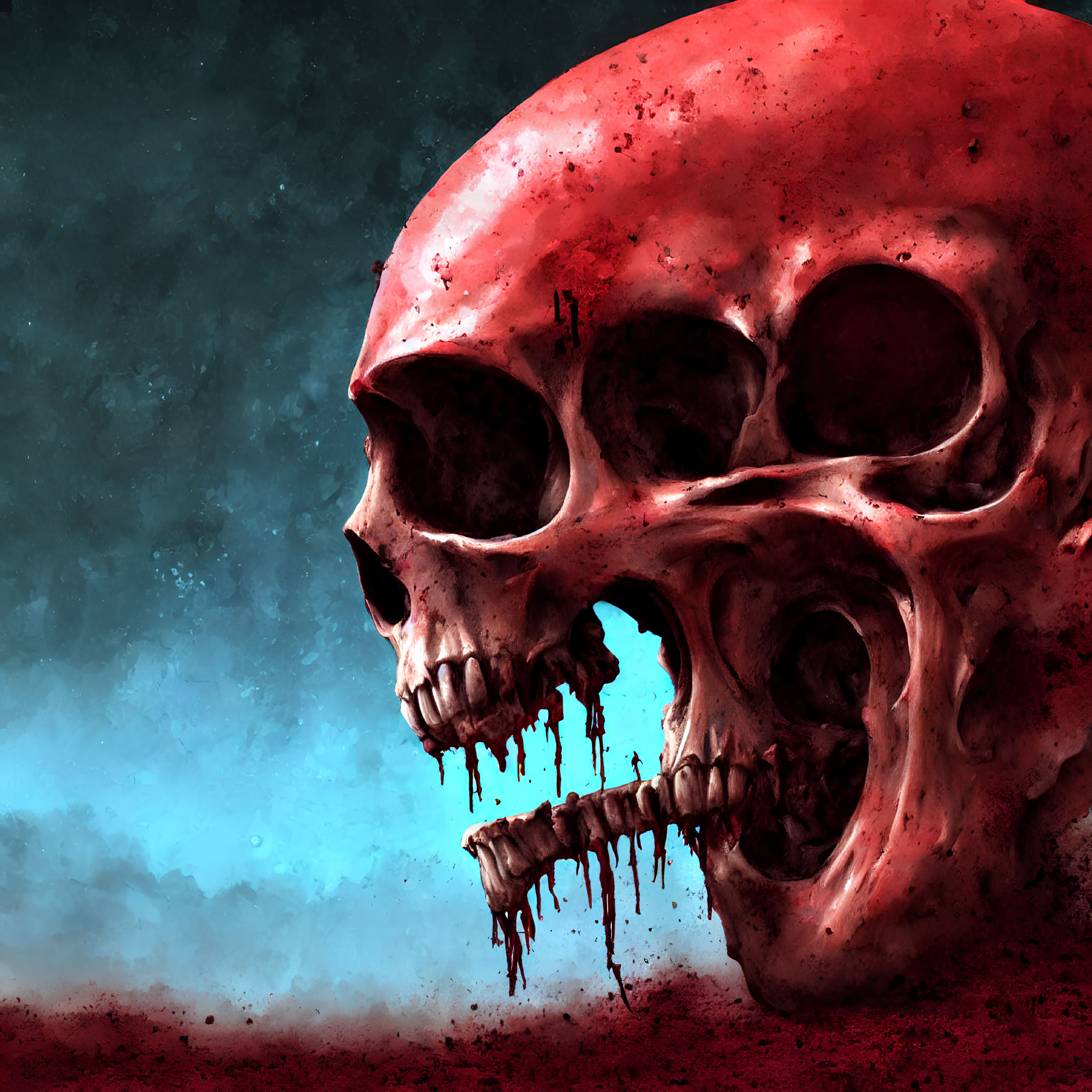 Stylized red skull illustration with macabre theme