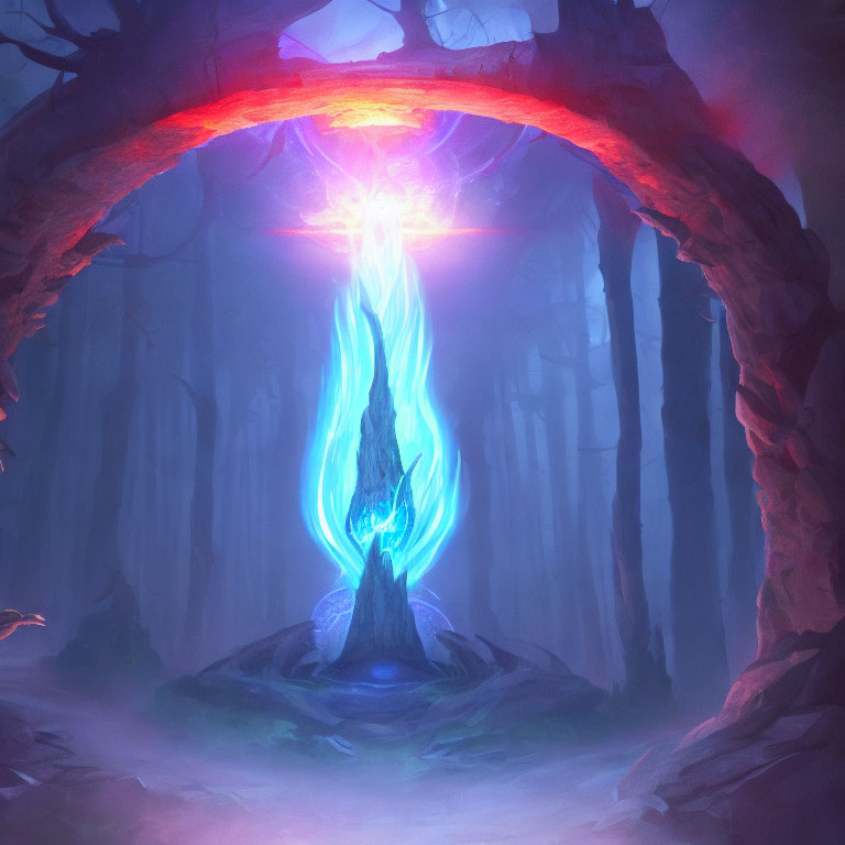 Enchanted forest scene with mystical blue flame, pink orb, and purple light