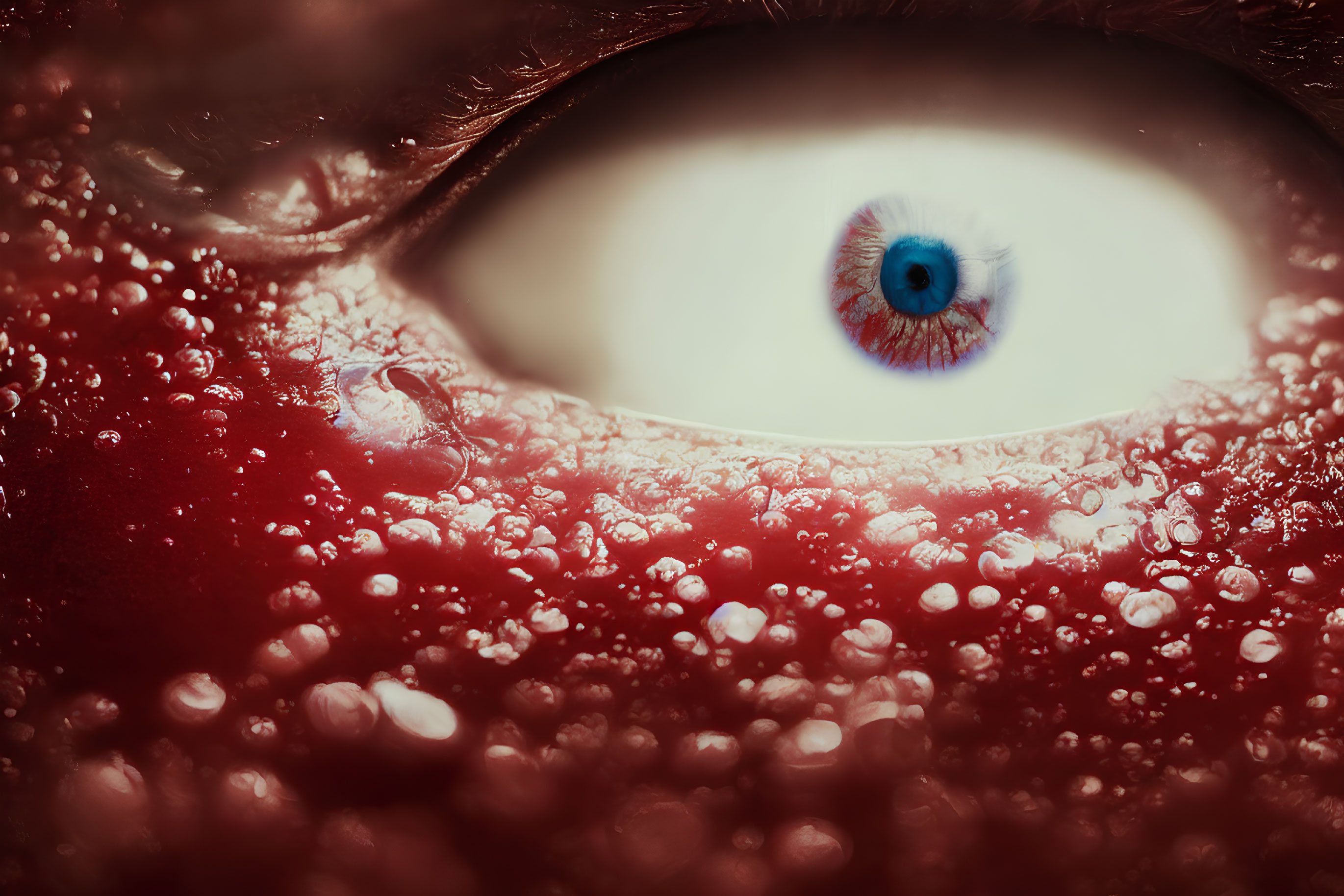 Vivid blue eye with red liquid and droplets, surrealistic theme