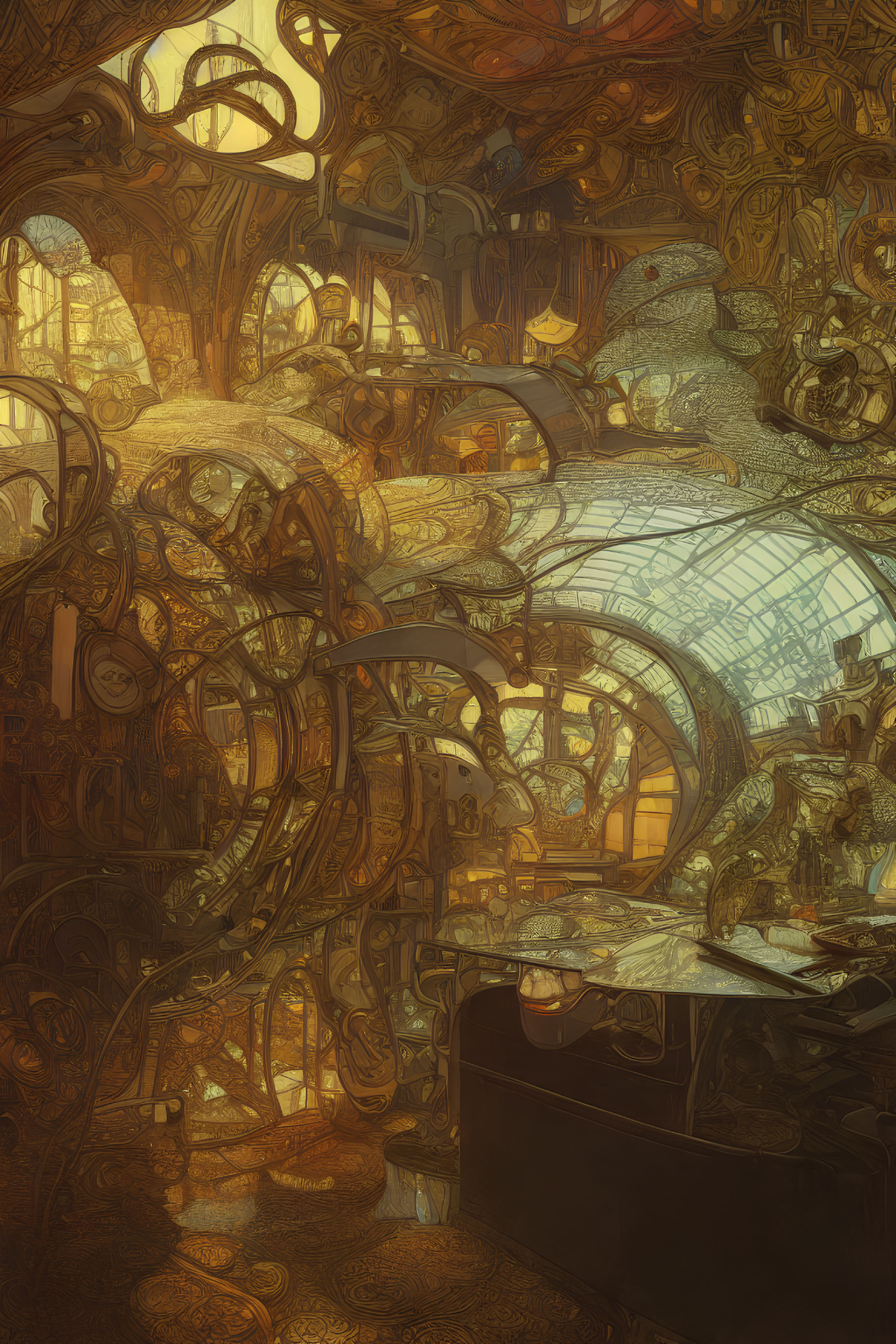 Golden Steampunk Interior with Mechanical Elements under Glass Dome