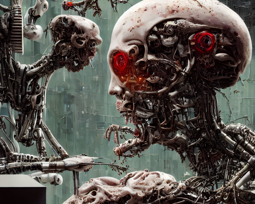 Cybernetic skull with exposed wiring and red eyes in futuristic cityscape.