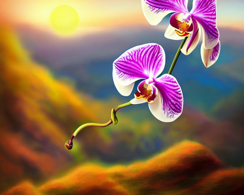 Purple Orchids in Sunset Landscape with Rolling Hills