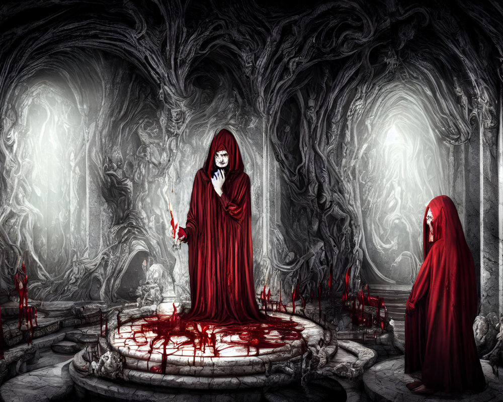 Gothic chamber with tree-like pillars and figures in red cloaks on ritual circle.