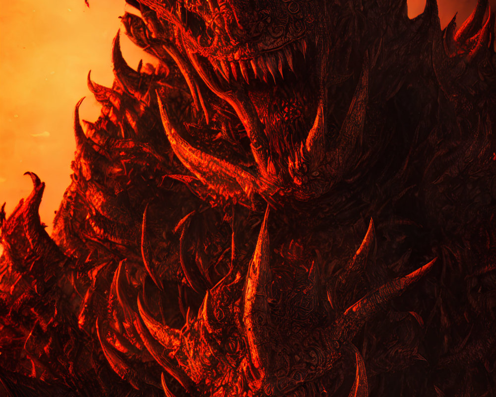 Detailed fiery dragon heads illustration on dark red backdrop