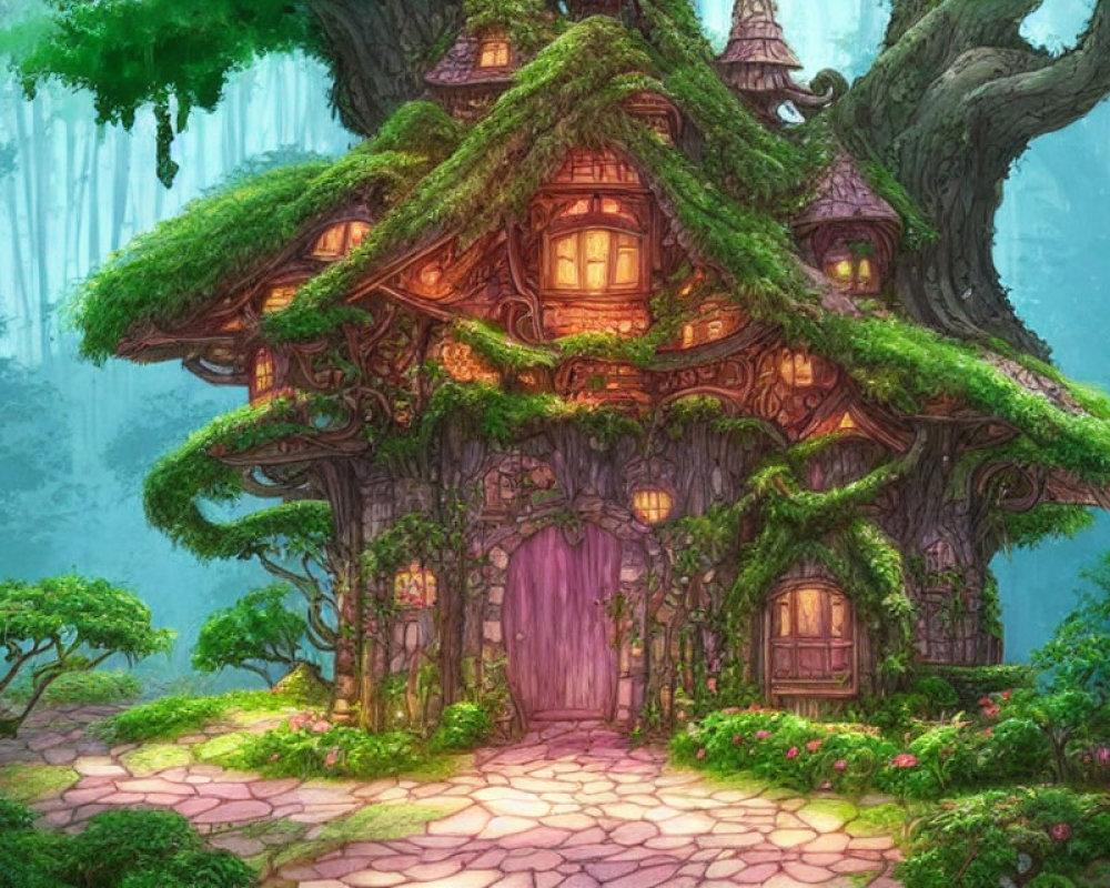 Enchanting treehouse in lush greenery with purple door