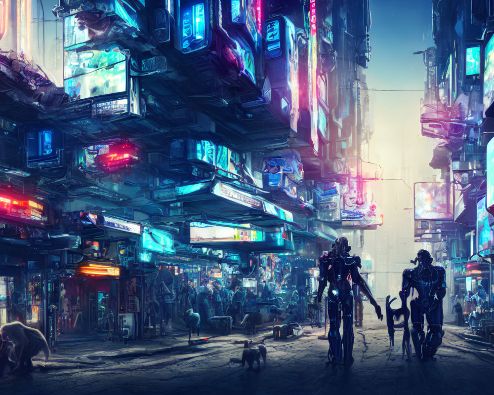 Futuristic cyberpunk cityscape with neon signs and robotic creatures