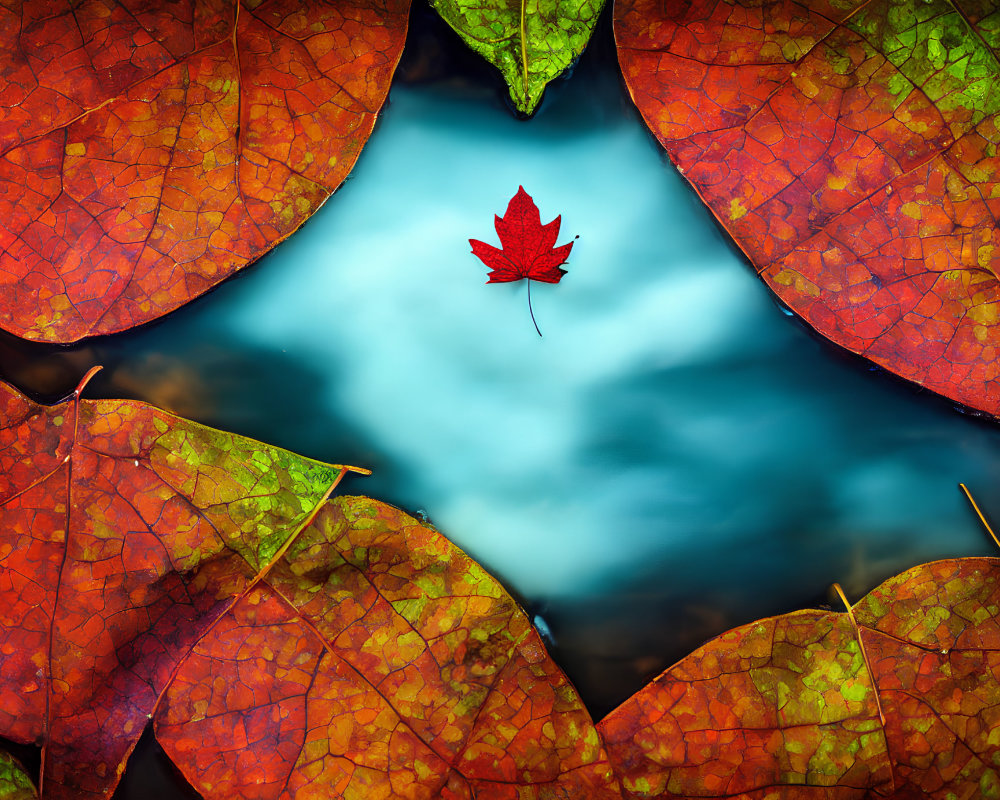 Detailed close-up of vibrant red maple leaf against blurred blue background and border of intricate orange autumn leaves.