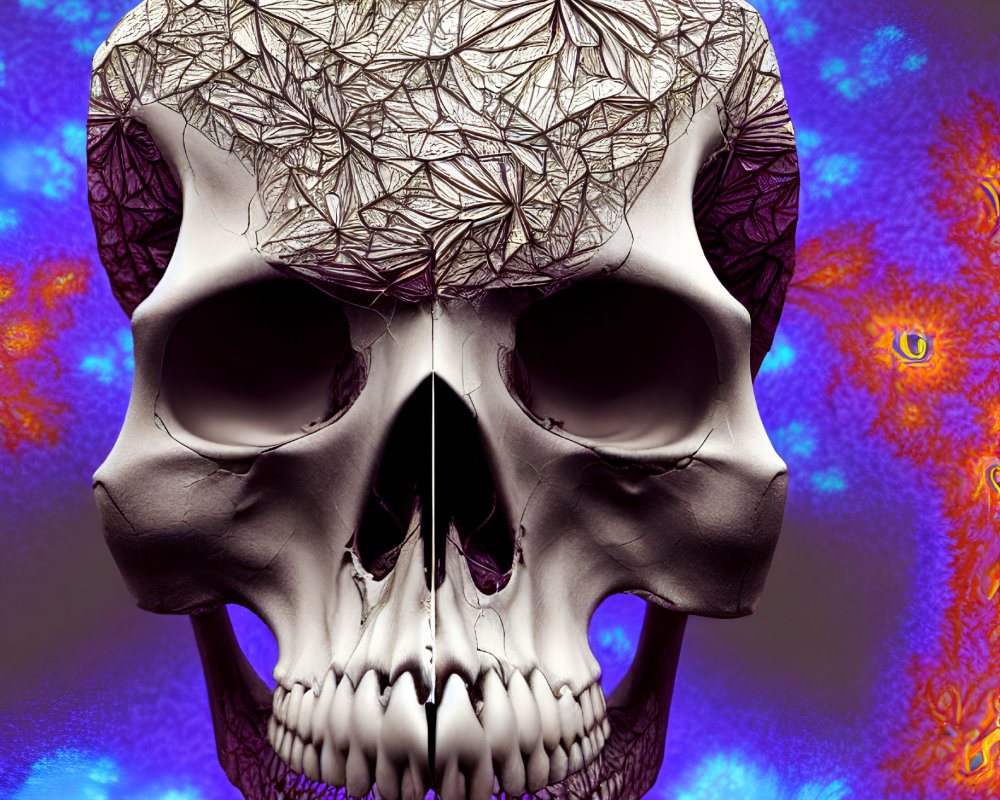 Silver Skull with Geometric Patterns on Psychedelic Background