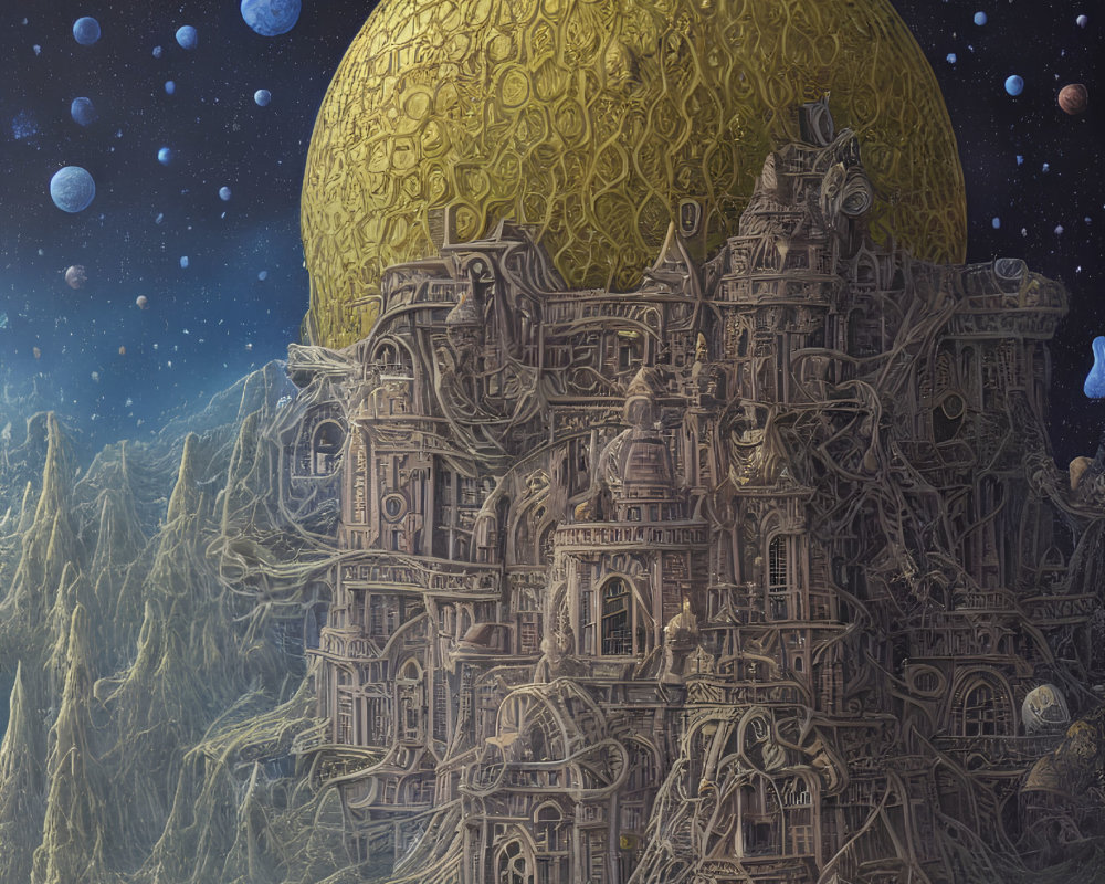 Intricate castle in cosmic landscape with textured sphere and starry sky