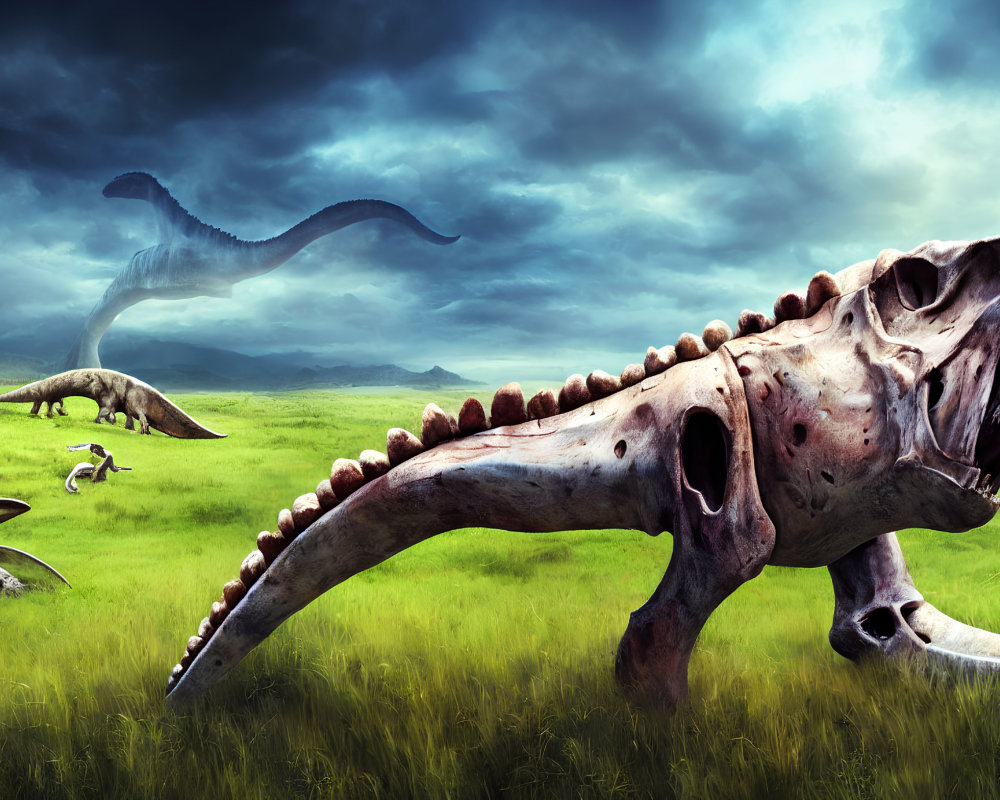 Dinosaur-themed landscape with fossils and dramatic sky