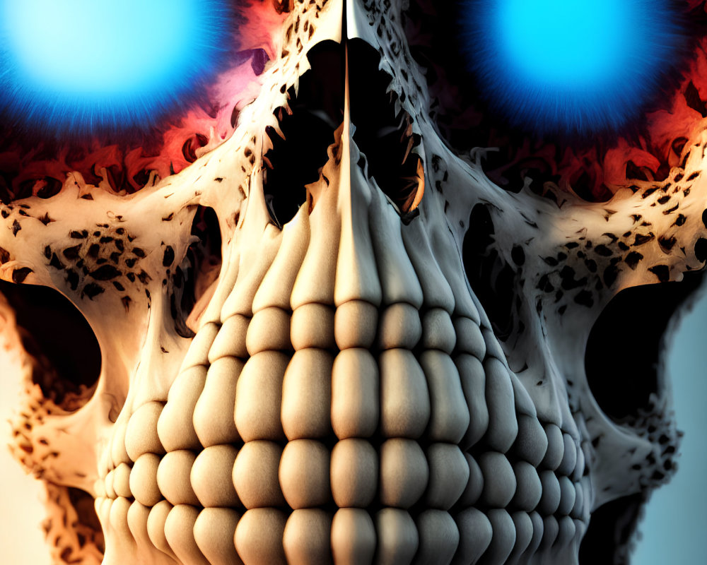 Surreal digital artwork: skull with blue eyes and intricate textures