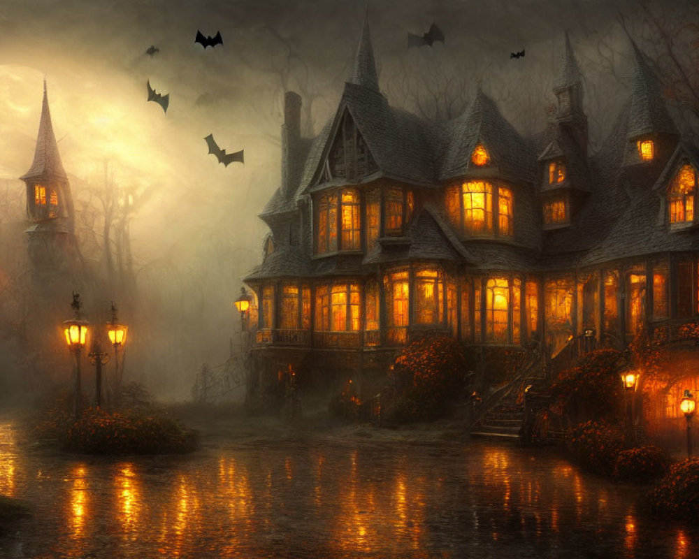 Gothic mansion at twilight with fog, bats, full moon, and street lamps