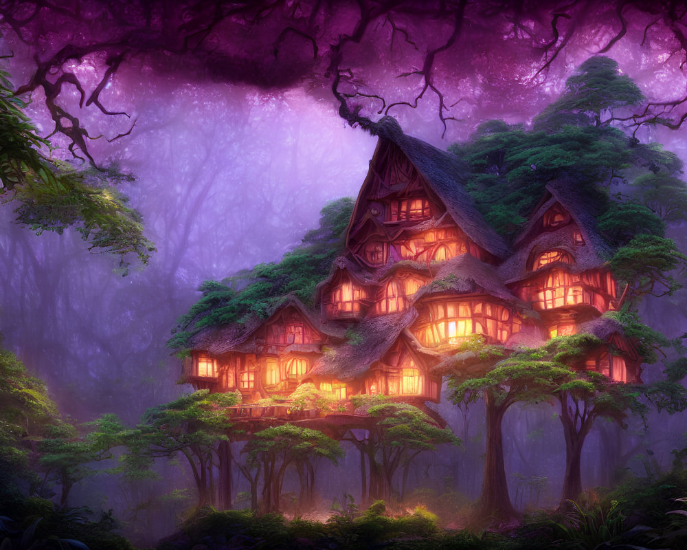 Illustration of multistoried house in mystical purple woods with glowing windows