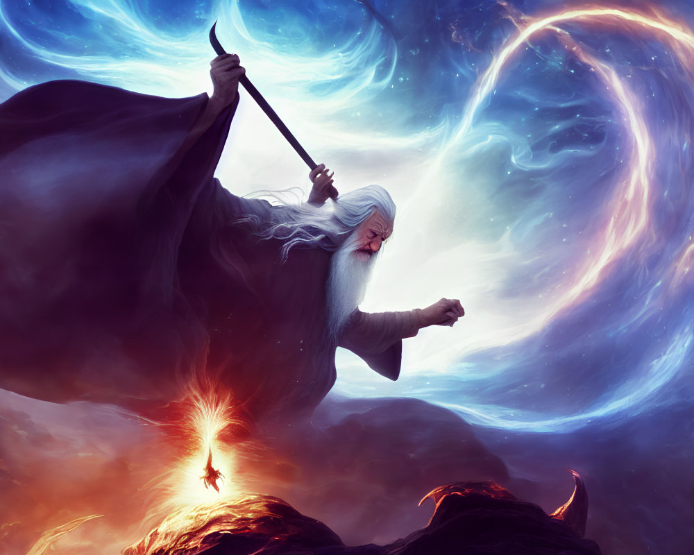 Wizard with long beard and staff on rocky outcrop with cosmic energy.