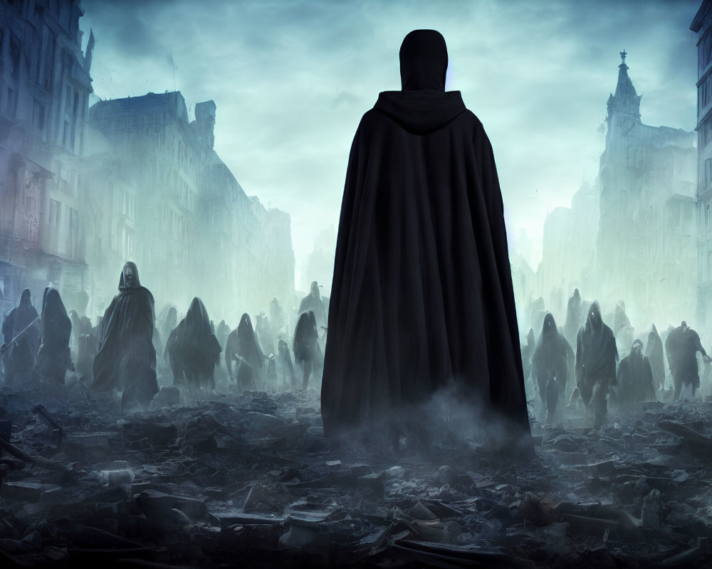 Cloaked figure in misty dystopian cityscape among crowd