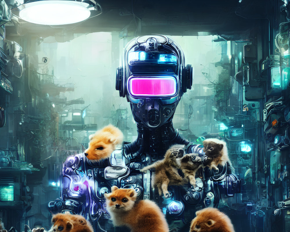 Futuristic robot with purple visor and fluffy creatures in neon-lit setting