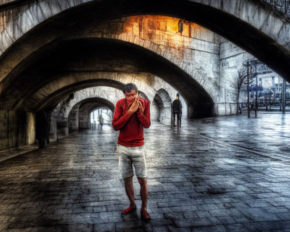 Person in Red Shirt Standing Under Stone Bridge Archway gazes at Smartphone