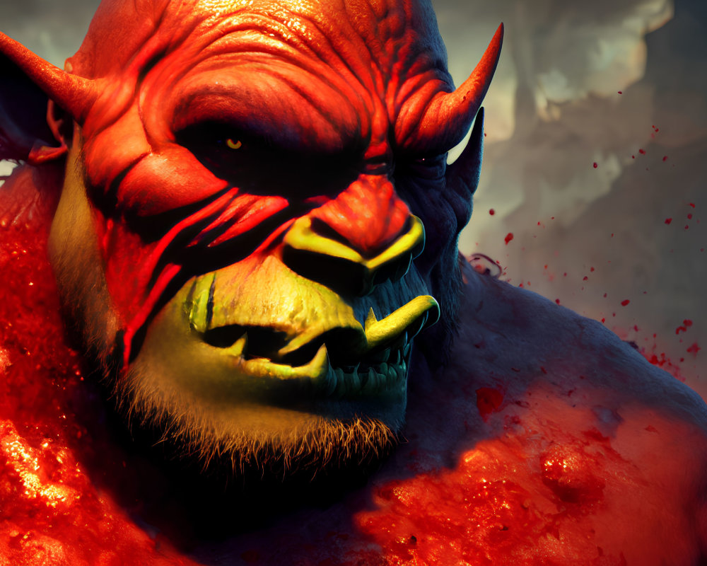 Detailed Close-Up of Menacing Red Demon with Sharp Horns and Glaring Eyes