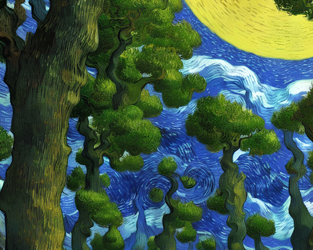 Night sky painting with moon, swirling clouds, and stylized trees.