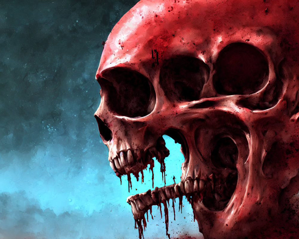 Stylized red skull illustration with macabre theme