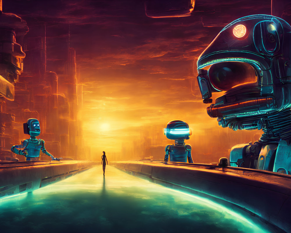 Futuristic cityscape at sunset with robots and human figure by turquoise canal