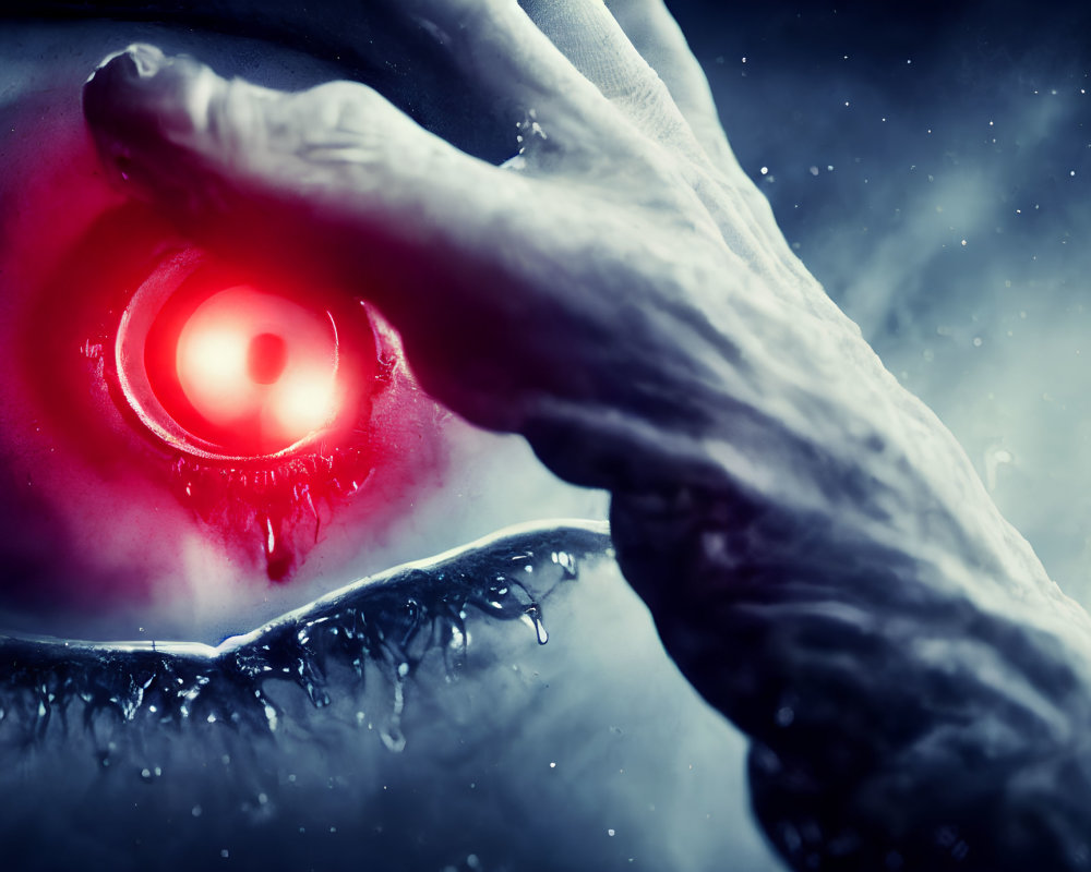 Close-up of red-eyed person in ice with reaching hand - sci-fi supernatural theme