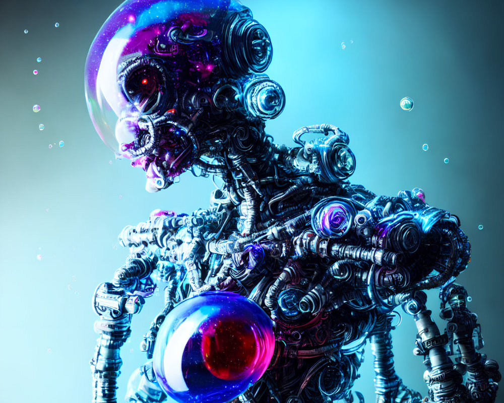 Detailed Futuristic Robot Design with Vibrant Colors and Illuminated Components