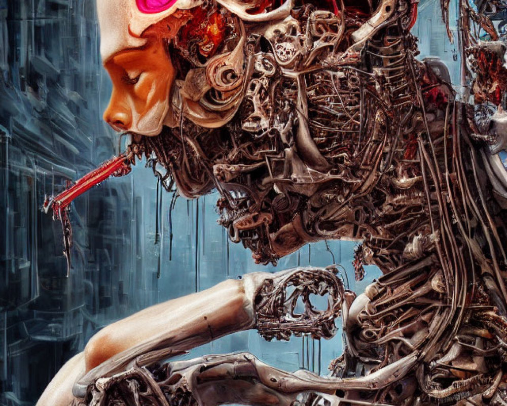 Detailed Cybernetic Being Artwork with Intricate Mechanical Parts and Humanoid Skull