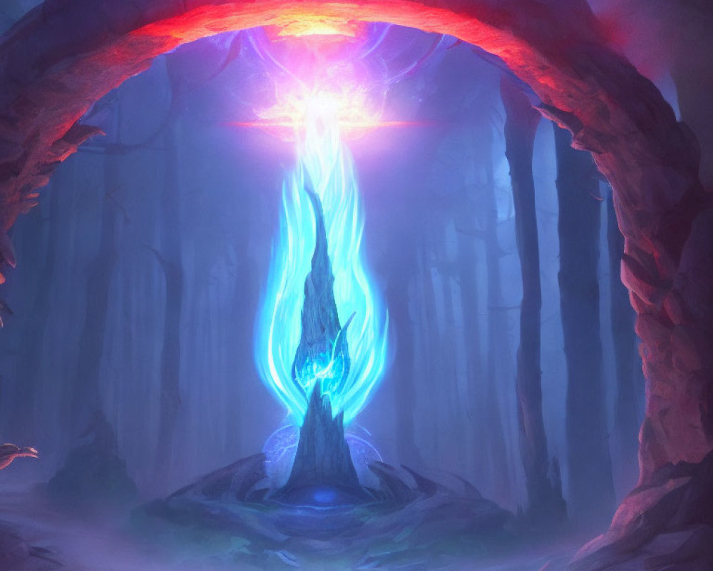 Enchanted forest scene with mystical blue flame, pink orb, and purple light