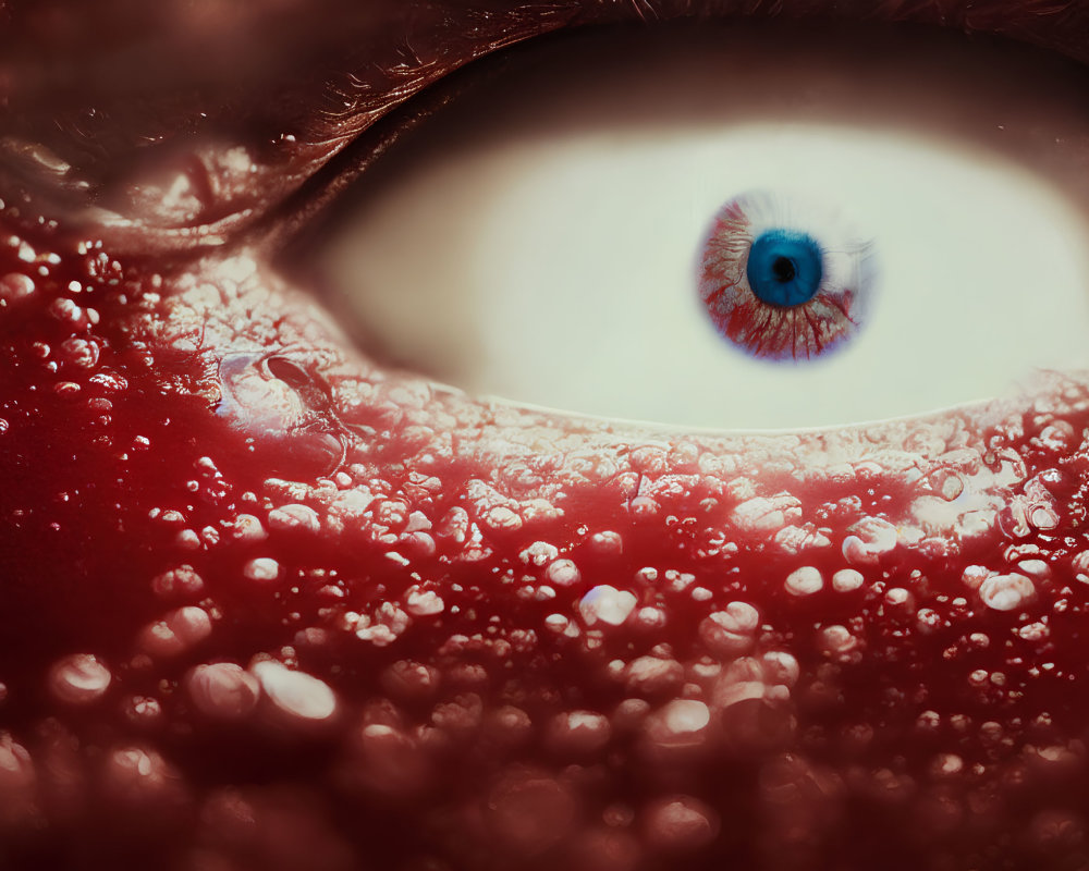 Vivid blue eye with red liquid and droplets, surrealistic theme