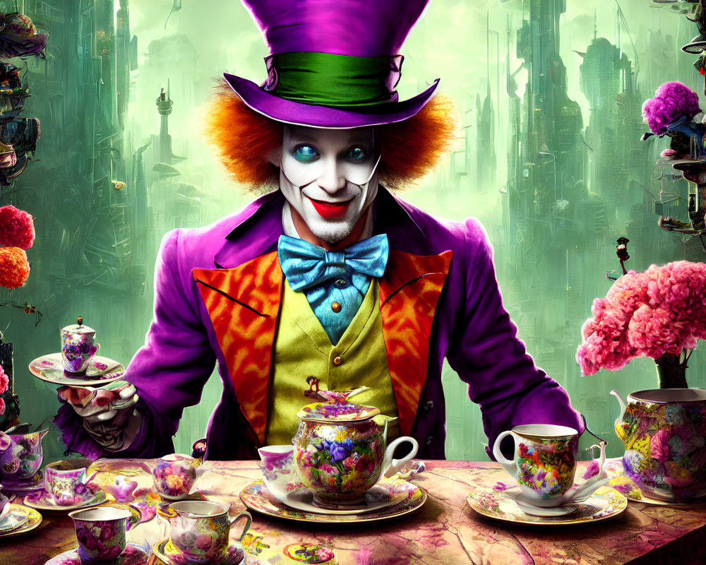 Colorful character in top hat serving tea in whimsical setting