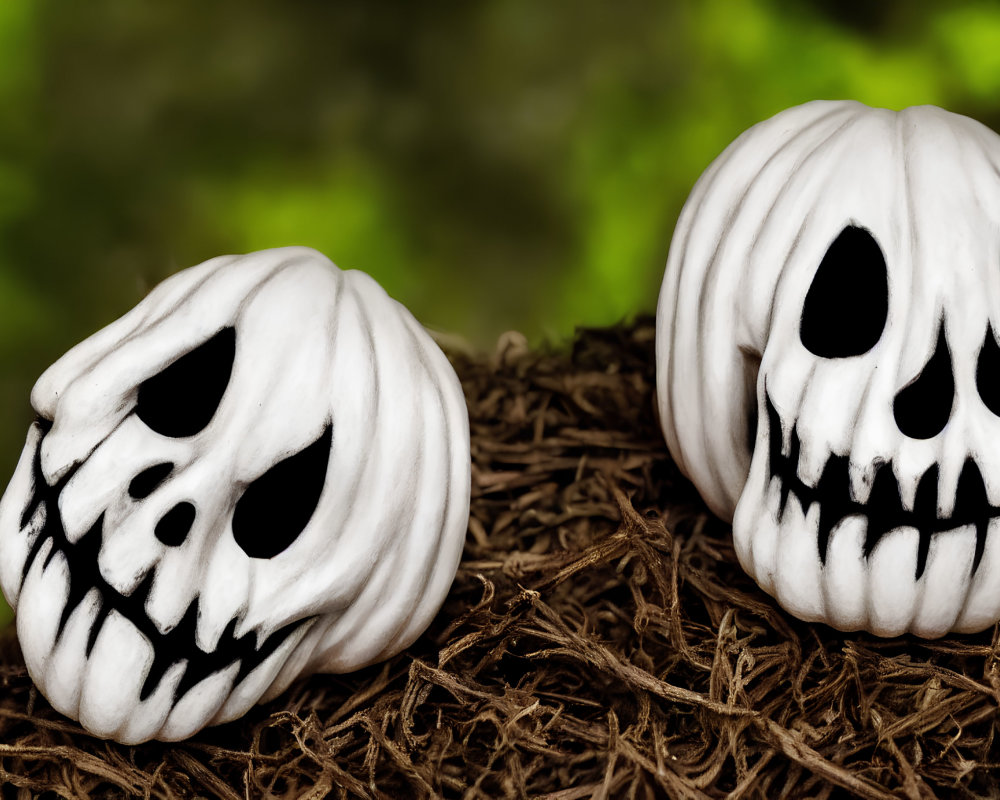 Cartoonish white skull decorations on twig bed, green background.