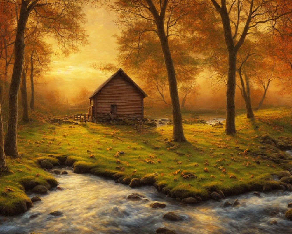 Tranquil autumn cabin by brook with golden leaves