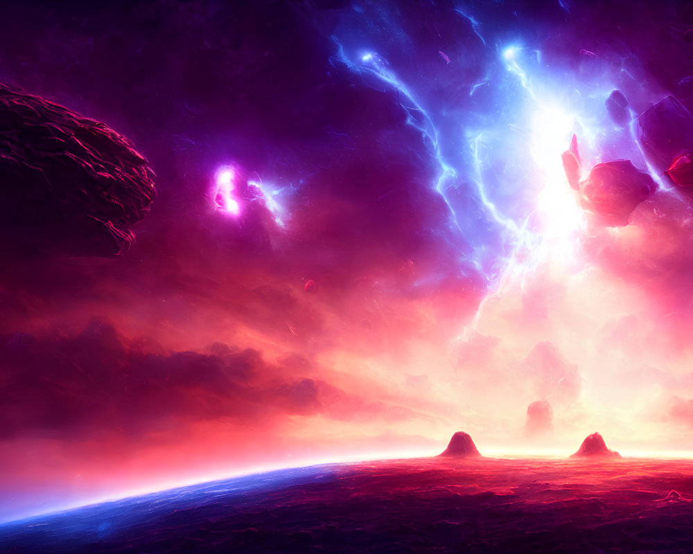 Vibrant cosmic scene with purple and pink nebula, lightning, asteroids, and alien planet surface