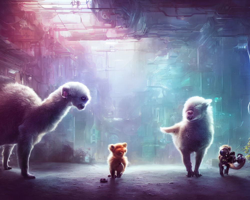 Anthropomorphic animals in neon-lit cityscape with llama-like creatures, bear, and figure.