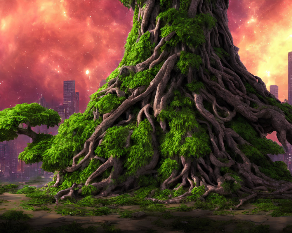 Colossal ancient tree in fantastical cityscape under vibrant red nebula sky