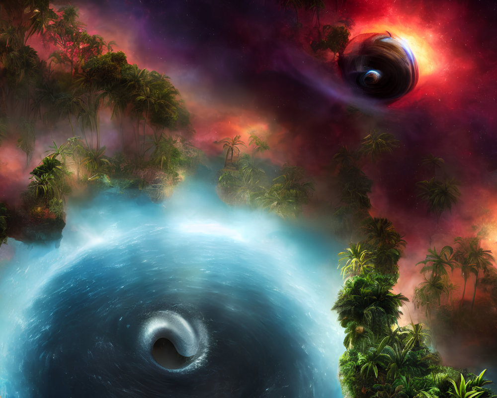 Vibrant cosmic scene with swirling black hole and lush jungle planet