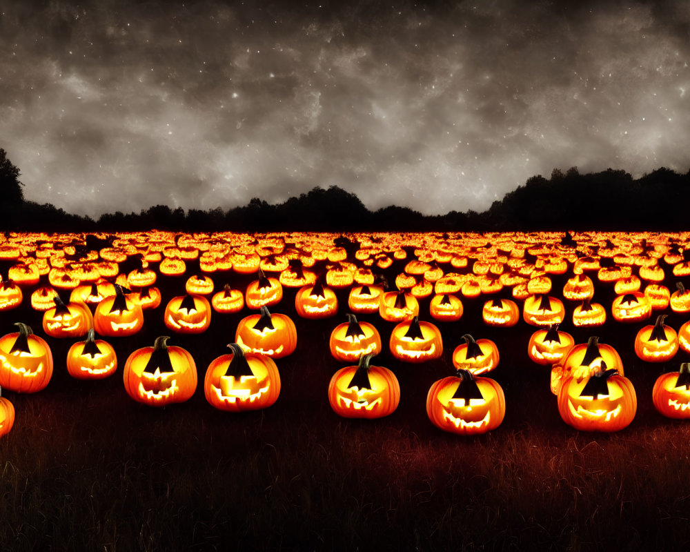 Field of Glowing Jack-o'-lanterns Under Starry Night Sky